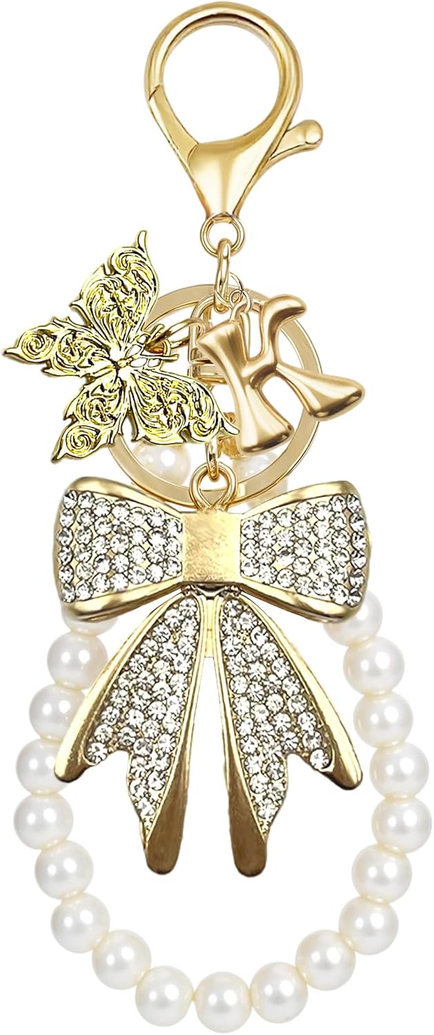 Initial Letter Bag Charm for Women, Rhinestone Bow Pearl Keychain, Butterfly Purse Charm for Handbags