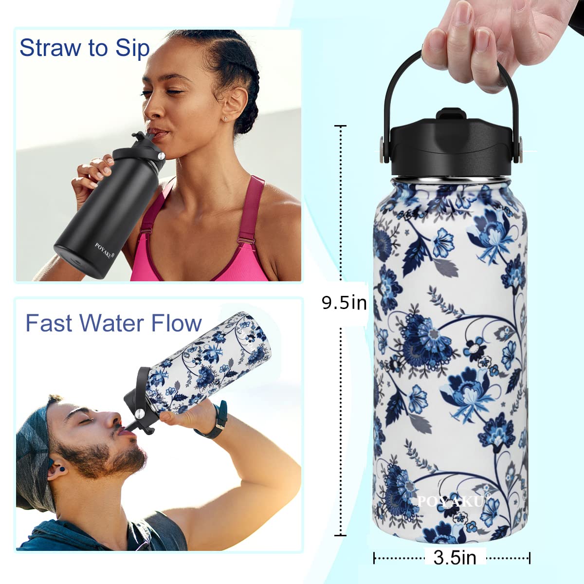 Butelka na wodę – 950 ml, 1200 ml, 1800 ml, 3,7 l – pokrywka z dzióbkiem na słomkę i 3 pokrywki, szczelna, izolowana – butelka na wodę ze stali nierdzewnej z szerokim otworem do uprawiania sportu