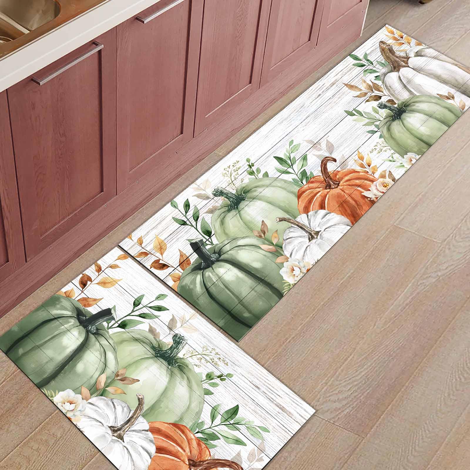 BABE MAPS Sage Green Pumpkin Kitchen Rugs 2Pcs Fall Green Orange Autumn Leaves Wooden Absorbent Non Slip Kitchen Mats and Rugs Thanksgiving Kitchen Floor Mats for Sink Laundry 15.7x23.6in+15.7x47.2in