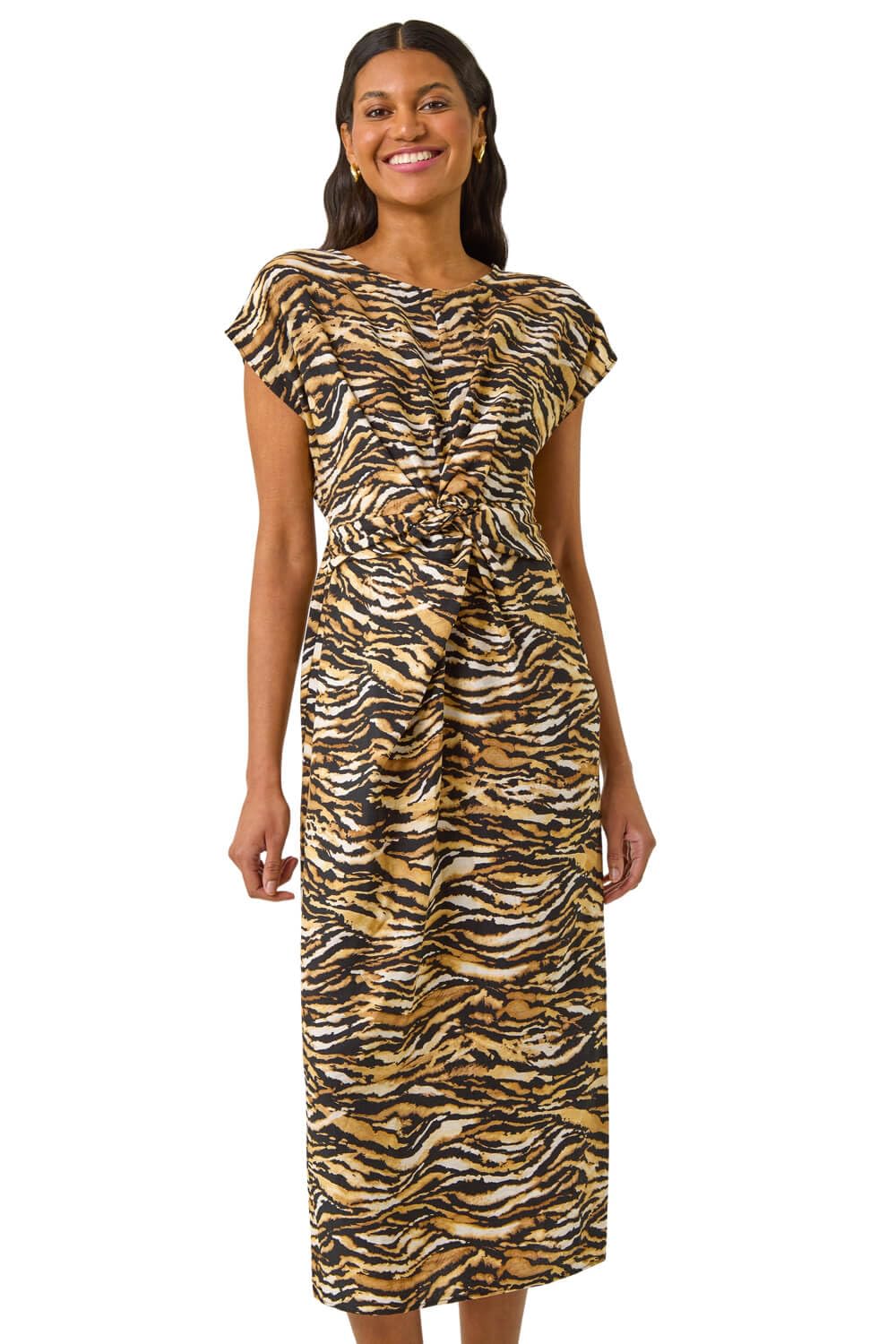 Roman Originals Women's Tan Animal Print Twist Midi Dress For Uk - Everyday Holiday Spring Summer Round Neckline Comfy Soft Evening Vacation Work Party - Size 18