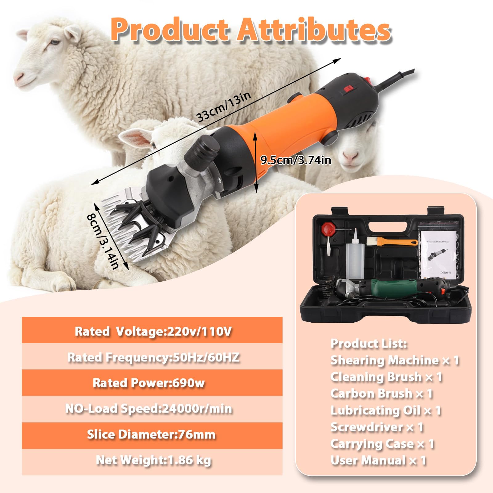 Maquina Esquilar Ovejas y Esquiladora Ovejas Profesional 690W Motor Potente 2400 RPM 6 Engranajes para Ganado de Granja Cabras Ovejas Llamas Alpacas DeepGreen