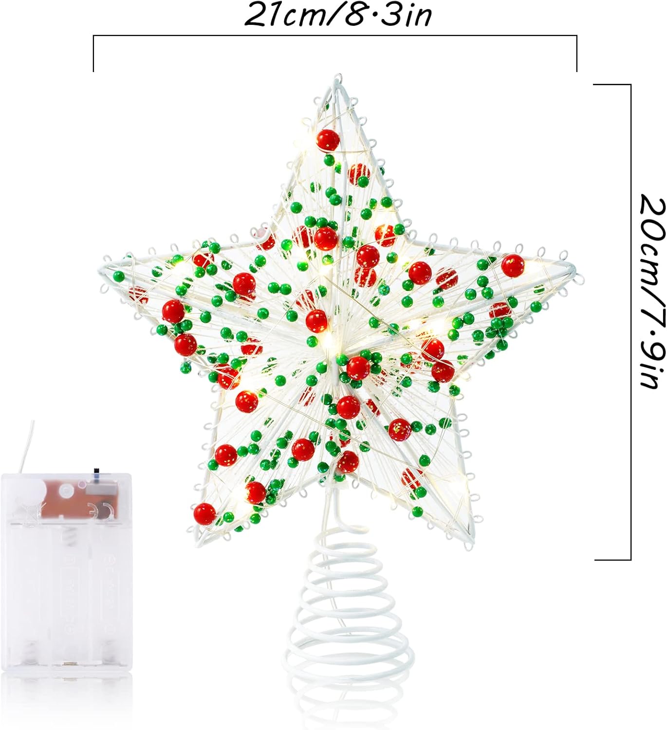 Whaline Christmas Star Tree Topper 8.3 Inch Red Green Berries Dotted 3D Star Treetop LED Lighted Battery Powered Unique Design Xmas Tree Ornament for Christmas Party Indoor Outdoor Home Decoration