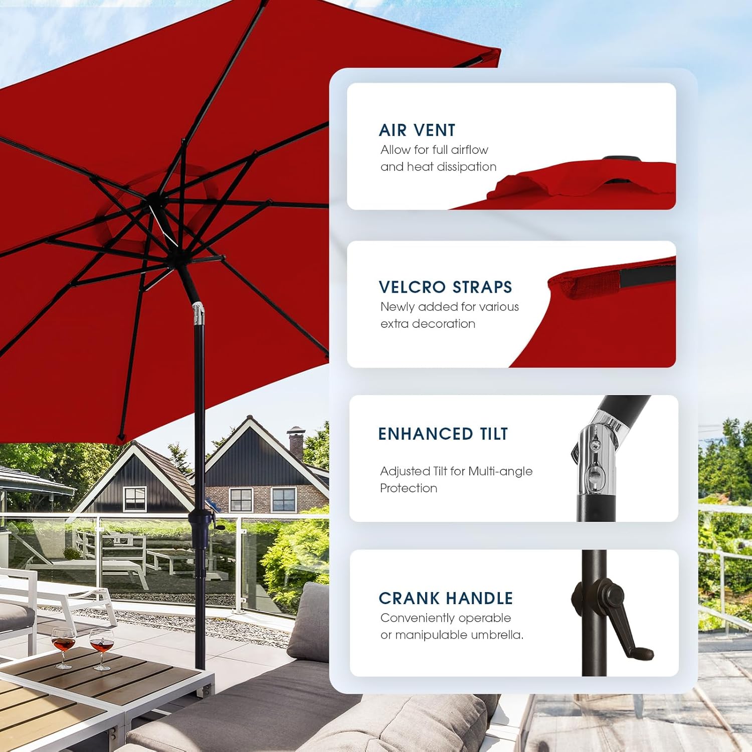 Close-up of wikiwiki patio umbrella features including air vent, velcro straps, enhanced tilt, and crank handle.