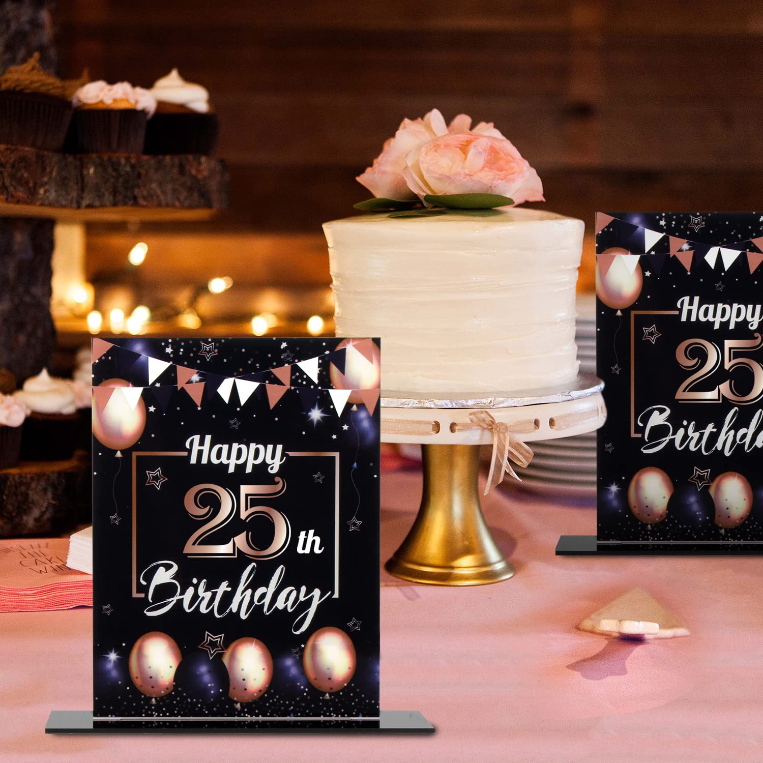 Happy 25th Birthday Table Toppers - 2 Pack Black & Gold Balloon Acrylic Centerpieces For Party Decor - View #8