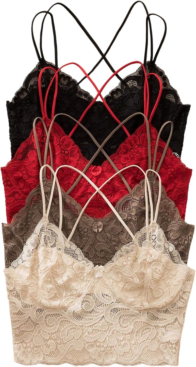 OYOANGLE Women's 4 Pack Lace Bralettes Criss Cross Cami Bras Unlined Wireless Comfortable Everyday Bra Cute Lace Bras