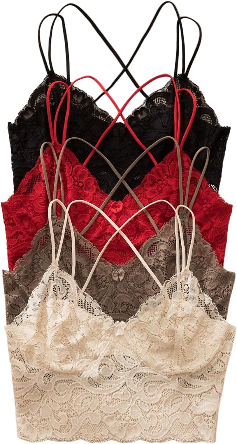 Women's 4 Pack Lace Bra Bow Criss Cross Backless Wireless Bralettes Cami Tops