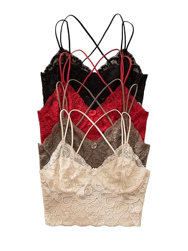 OYOANGLE Women's 4 Pack Lace Bralettes Criss Cross Cami Bras Unlined Wireless Comfortable Everyday Bra Cute Lace Bras - Medium - Multicolor