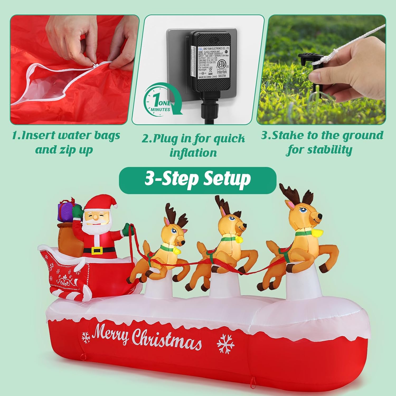 COOLWUFAN 10 FT Christmas Inflatables Outdoor Decorations Santa Claus on Sleigh, Blow Up Cute Elks Pulling Santa's Inflatable Yard Decoration with Lights for Christmas Party, Outdoor, Garden Lawn - Image 5