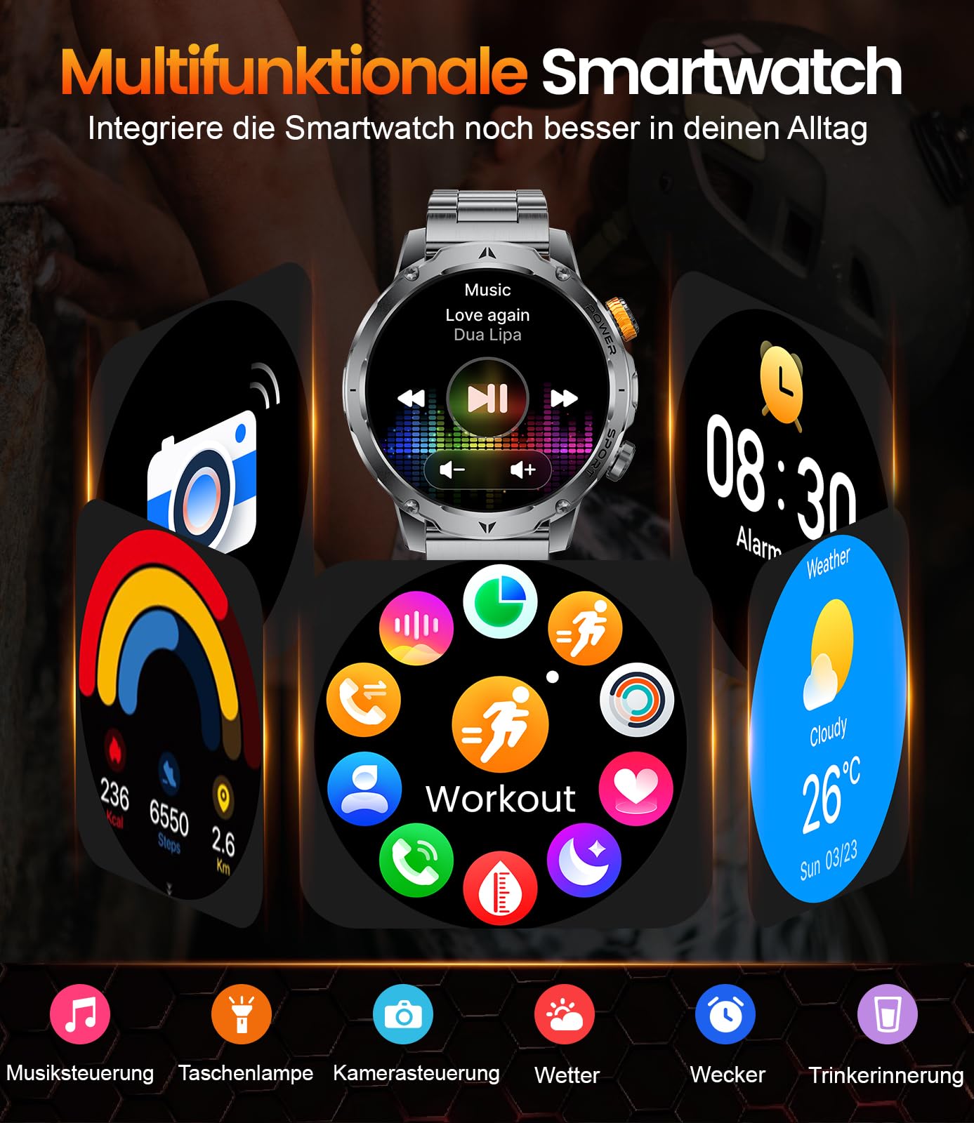LIGE Smartwatch Herren mit 1000mAh Akku/1.7'' HD Große Display,Militär Smartwatch mit Taschenlampe/Bluetooth Anrufe/120+ Sportmodi,IP68 Wasserdicht Fitnessuhr Herzfrequenz/Schlafmonitor,Stahlschwarz