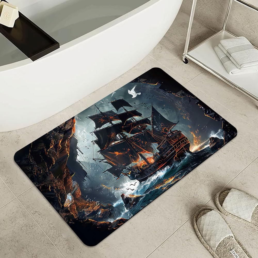 Bath Mat-Bathroom Rug，Dark Pirate Ship-Absorbent Non Slip Quick Dry Stain Resistant Easy to Clean Care Shower Rug for Bathtub Shower Room 16×24Inch (40 * 60cm)