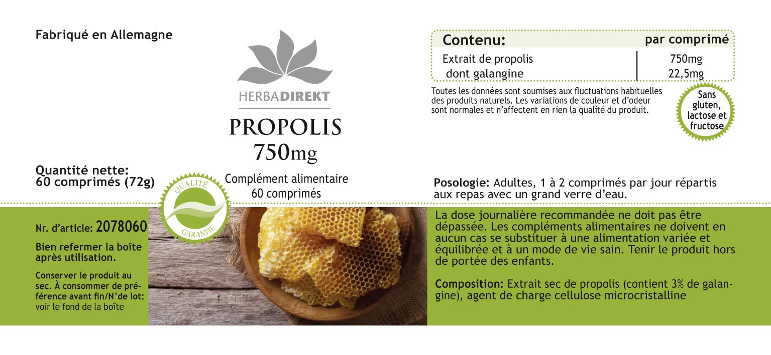 Propoli 750mg - 60 Compresse - 22,5mg Galangina | HERBADIREKT by Warnke Vitalstoffe - Qualità da farmacia tedesca