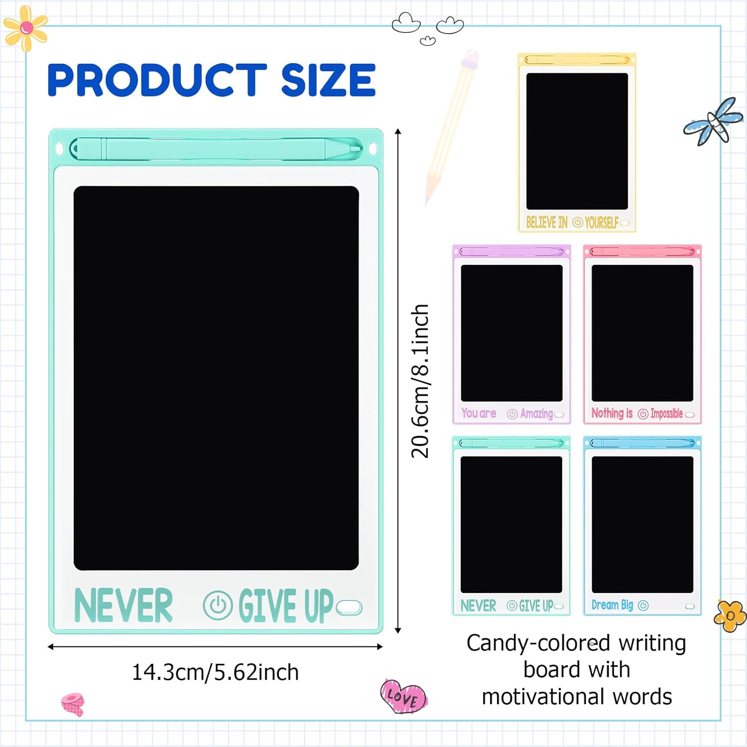 15 Pcs 8.5 Inch Back to School Gifts Inspirational LCD Writing Tablet Motivational Candy Color Doodle Board Drawing Tablet Erasable Reusable Electronic Drawing Pads First Day of School Gift