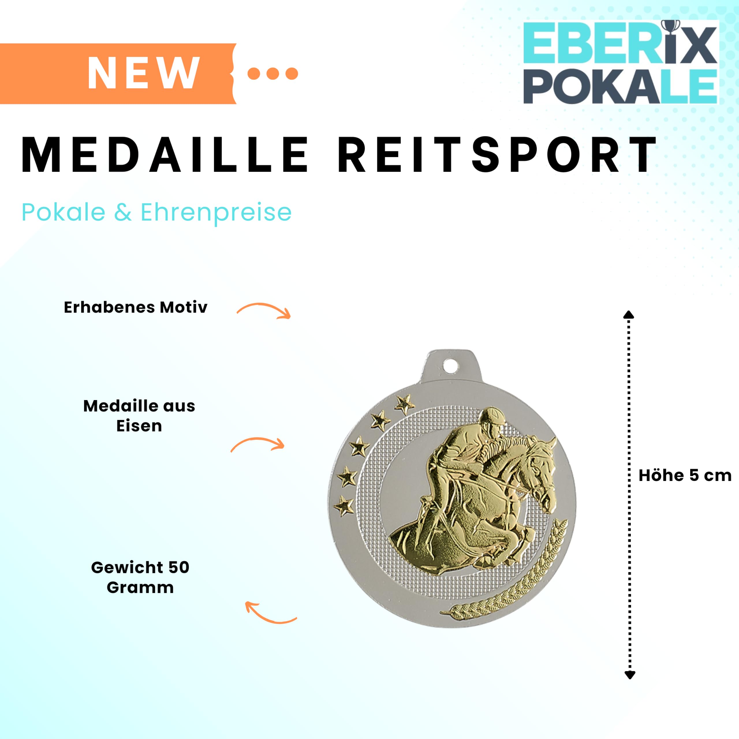 Reitsport Medaille 50 mm, Sportmedaille aus Eisen, Auszeichnung für Reitturnier, Springreiten, Dressur & Pferdesport, Medaillon für Sieger und Teilnehmer | Aus Eisen