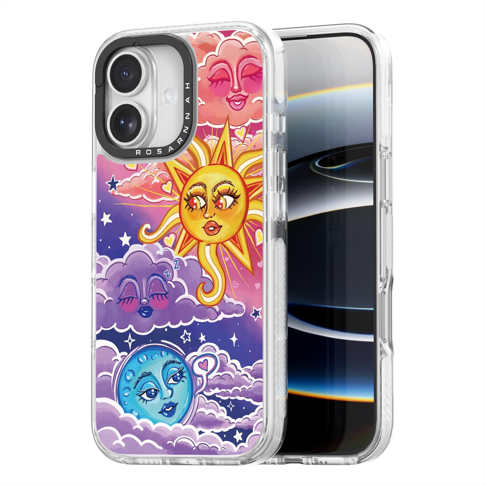 Rosarnnah Funda compatible con iPhone – Funda duradera a prueba de golpes de impacto de caída de 6.5 pies – Divertido diseño de día y noche para iPhone (6.1 pulgadas), transparente