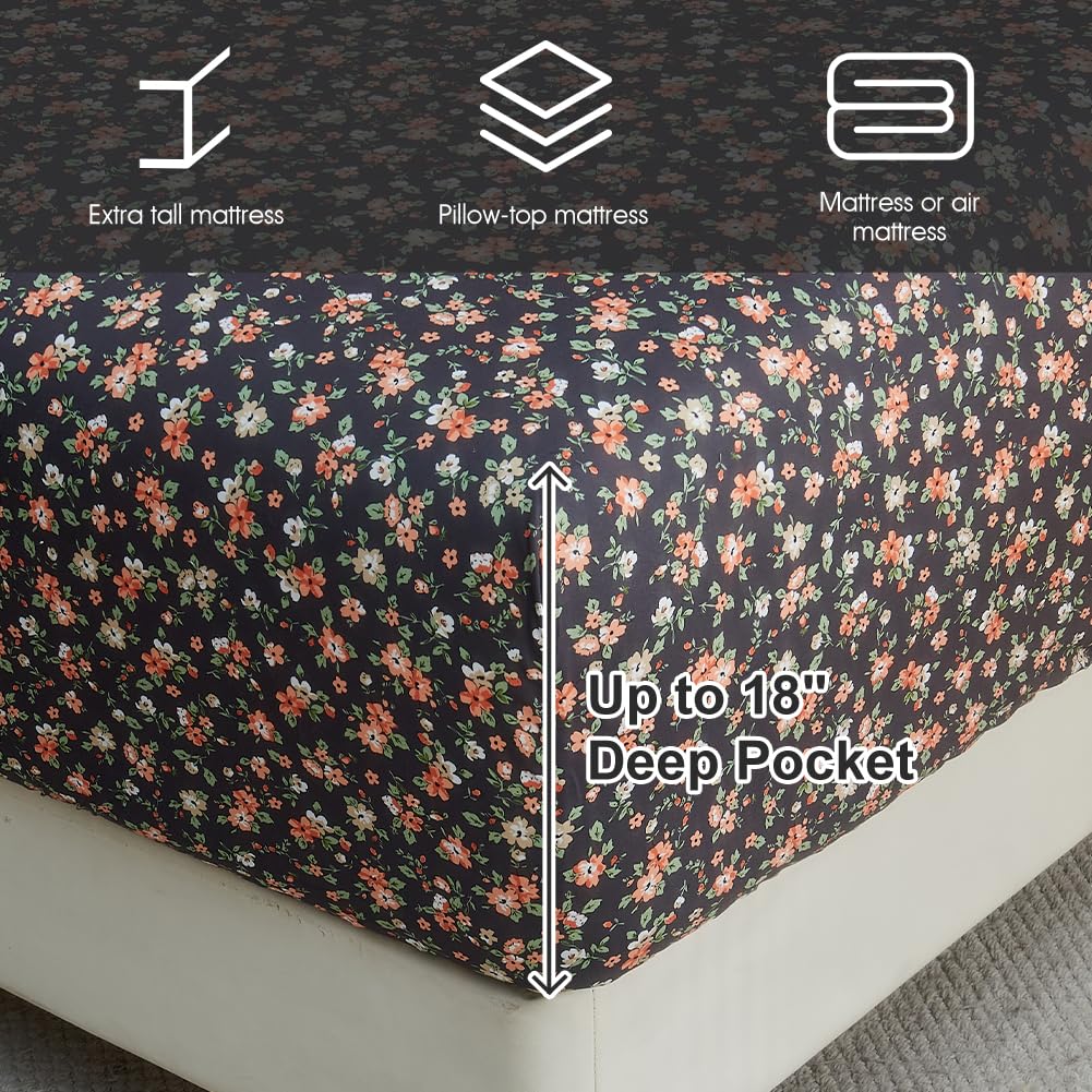 HYPREST Grey Black Sheets King,Deep Pocket Sheets, 1800 Thread Count Pattrn Bed Sheets Soft Breathable Cute Printed Boho Farmhouse Bed Sheets, Oeko-Tex Certificated- Up to 18 Inch