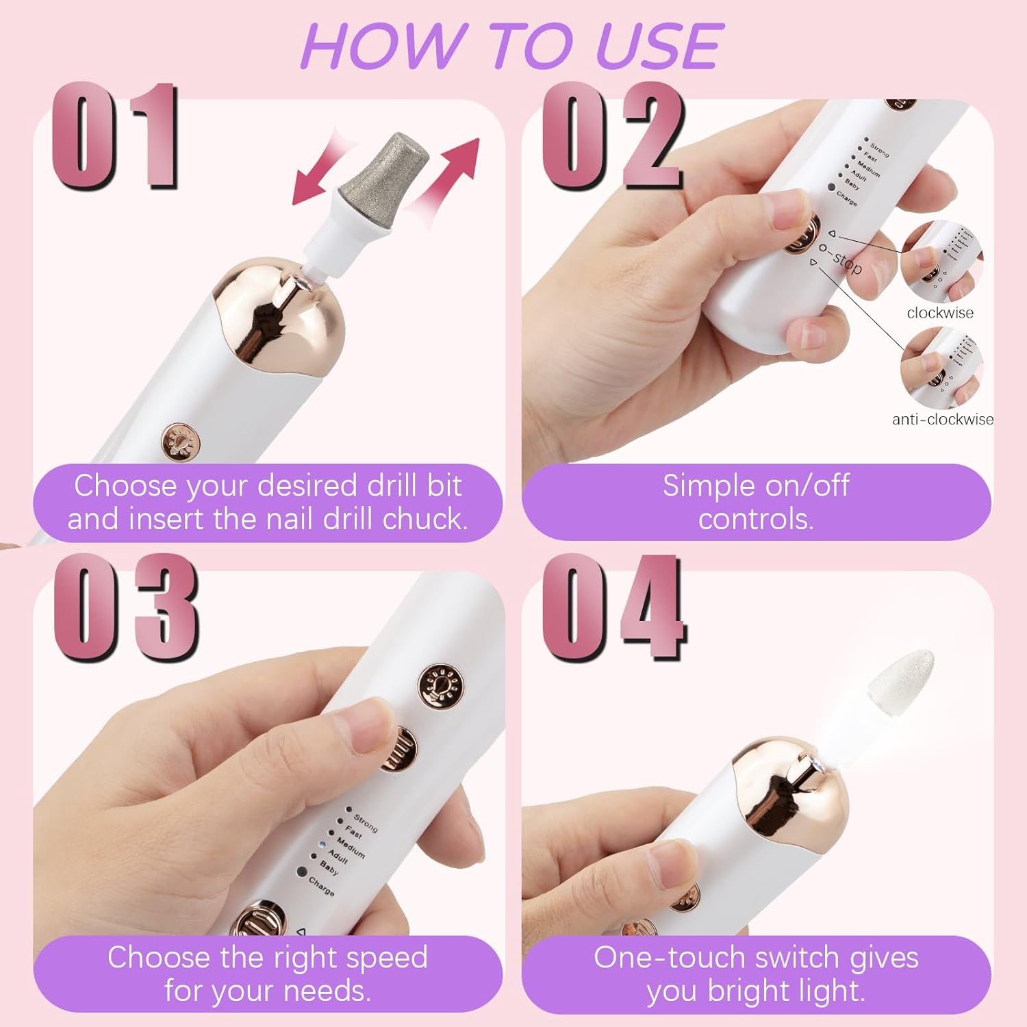 Professional Manicure Pedicure Kit, Electric Nail File Set, Cordless Electric Nail Drill Machine, 5 Speeds Hand Foot Care Nail Drill for Thick Nail Toenail Cuticle with 9Pcs Drawing Brushes - Image 6