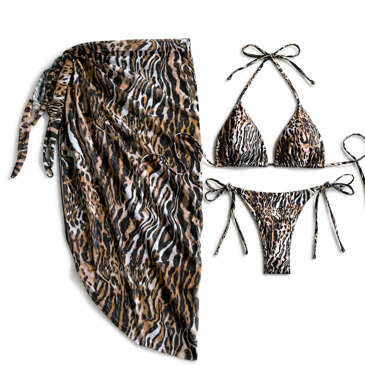 Nylonowy komplet bikini z trójkątnymi stringami i spódnicą | 3-częściowy zestaw bikini w panterkę, S/M/L, trójkątne stringi i przezroczysta spódnica zakrywająca Odzież plażowa