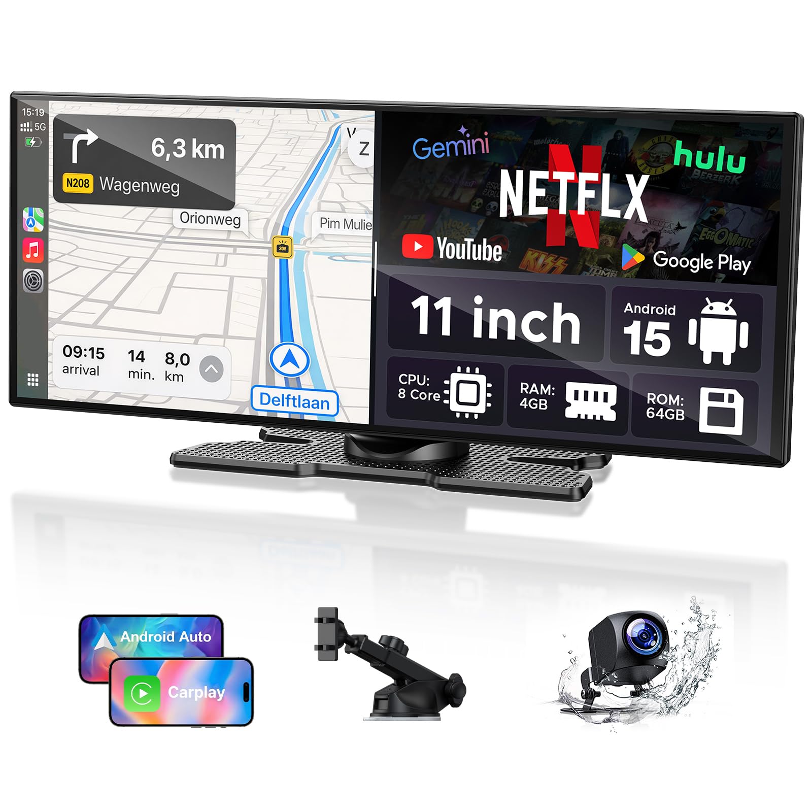 LAMTTO 11 Zoll Wireless CarPlay Android Auto Display mit Gemini AI Android 15 Autoradio 8-Kern 4+64GB G00gle Play App Download Net-Flix YouTube Bluetooth 1080P Rückfahrkamera Online- und Offline-GPS