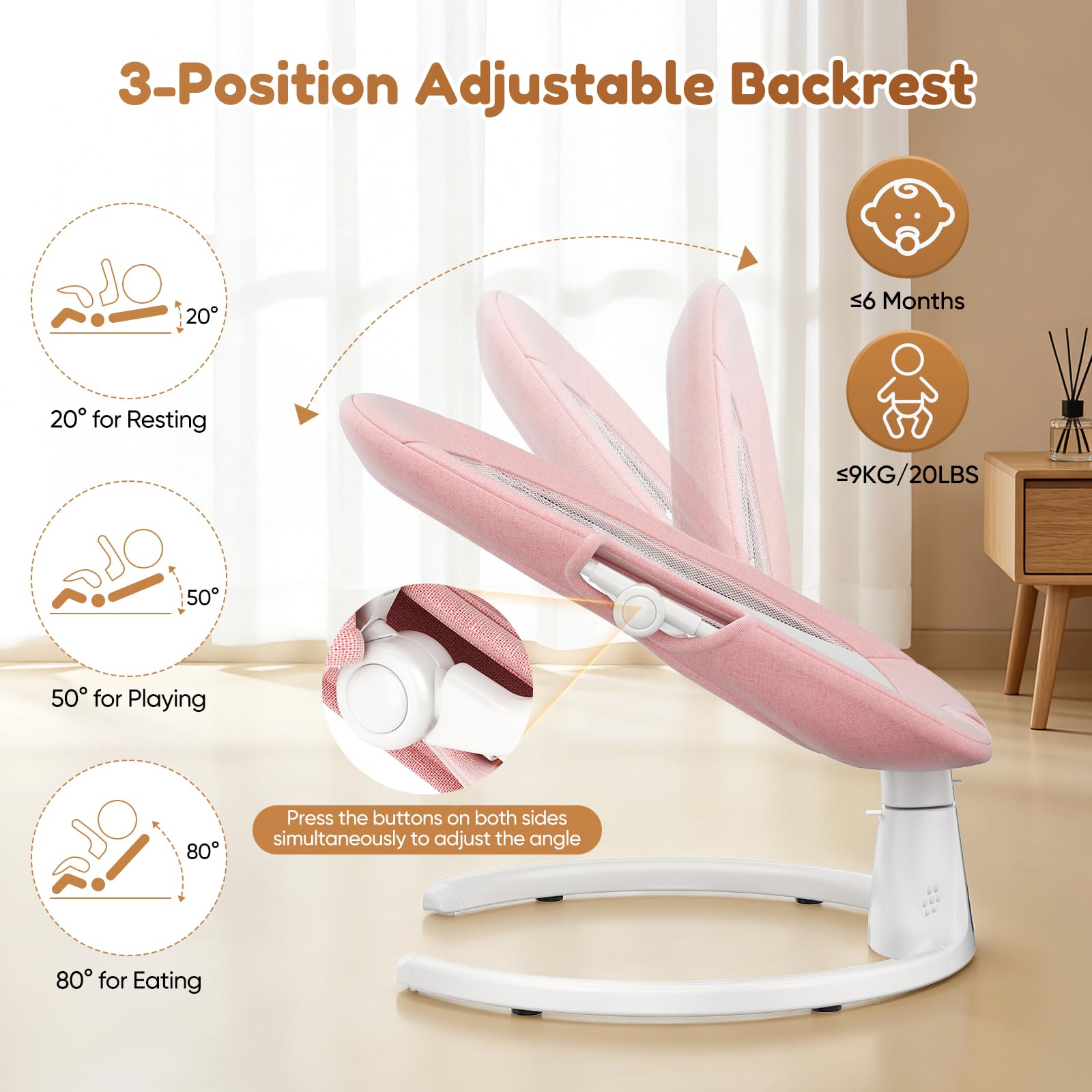 Dossier Réglable Transat Bébé Electrique, Balancelle Bébé Avec Coussin Amovible et Table D'appoint, Balançoire pour Baby avec 3 Minuteries et 5 Vitesses, 12 Mélodies, 3 Options D'alimentation (Rosa)