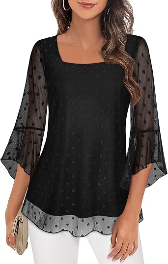 LURANEE Women's Blouses Mesh Fancy Dressy Tops 3/4 Ruffle Bell Sleeve Shirts