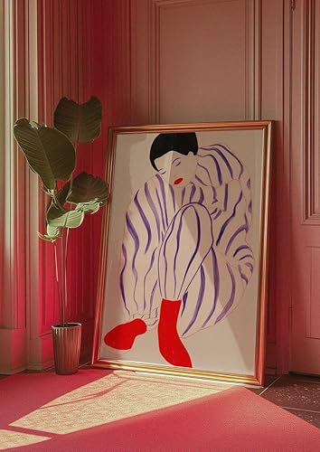 Miniatura 4 de OZCONO Póster de arte de línea, decoración de mujer retro de los años 70, arte de pared Trippy rojo, impresión estética de habitación (sin marco)