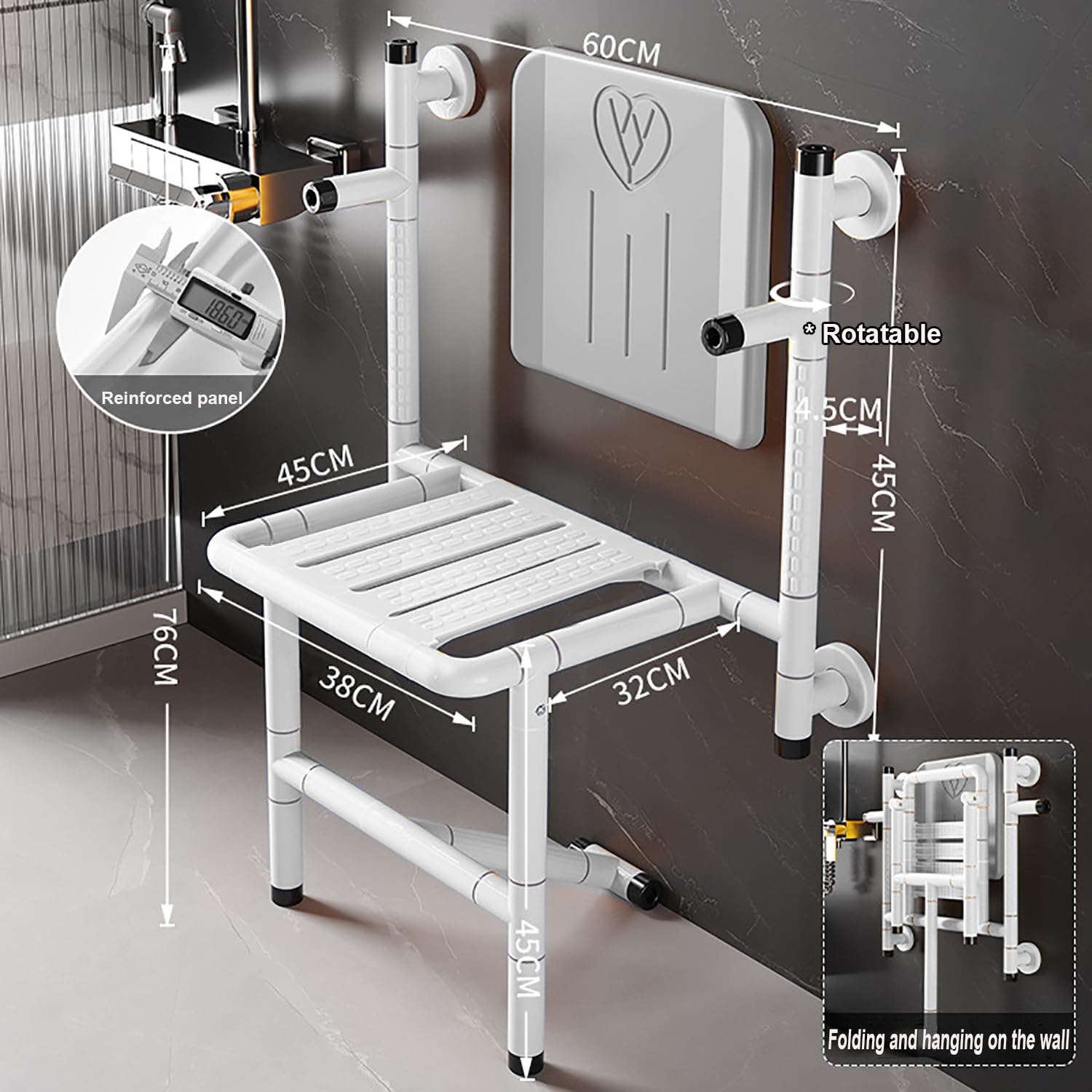 Asiento de Ducha Plegable de Pared,Capacidad de Carga 300 kg | con Anillo Fluorescente,Reposabrazos Giratorio,Panel Reforzado con Partículas Antideslizante