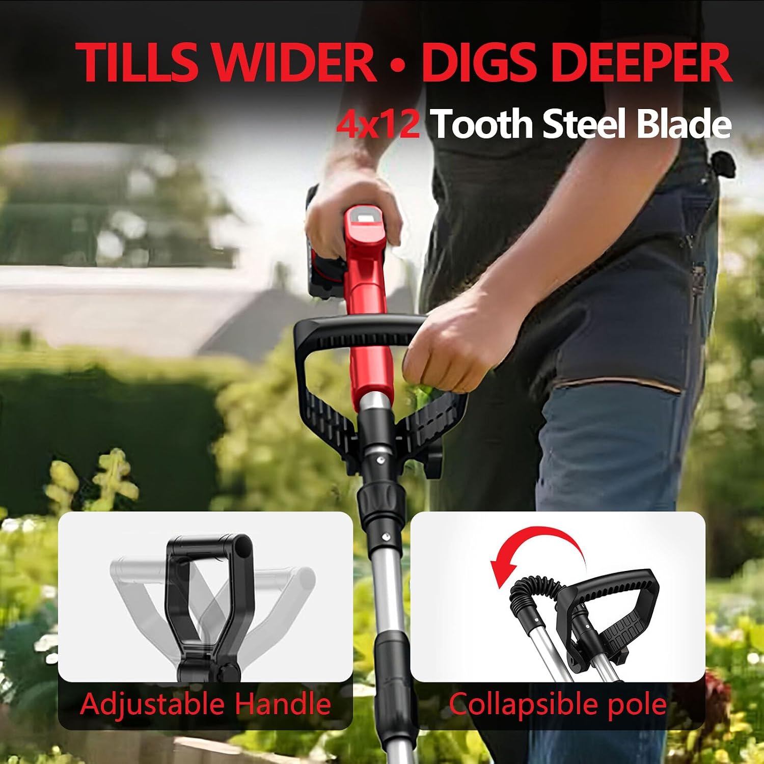 21V Electric Cordless Tiller Cultivator Electric Garden Tiller Rototiller with 2 * 4.0Ah Battery Portable Rotary Tillers 360RPM 12" Width 8" Depth 48 Steel Tines for Gardening Lawn Soil Cultivation