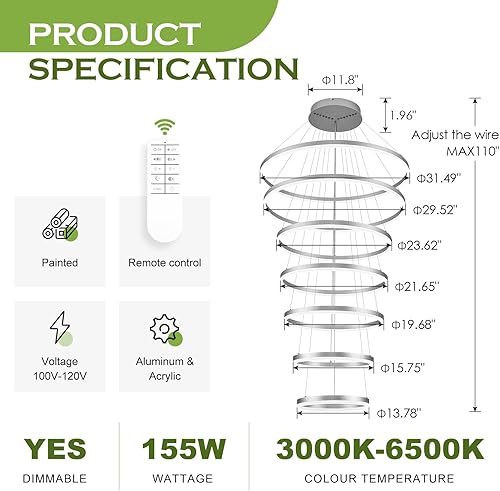 Miniatura 3 de Candelabros grandes para techos altos, lámparas de vestíbulo de 31.5 pulgadas, lámpara de techo alto, moderna lámpara de 7 anillos LED de plata para
