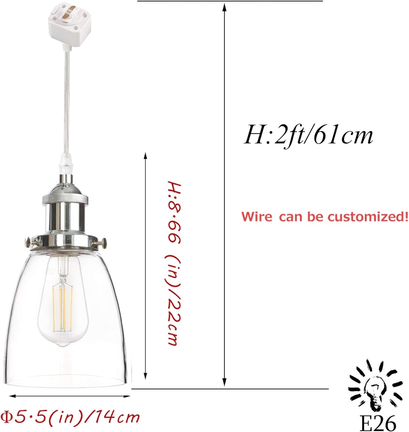 3-Pack L-Type Track Lighting Pendants Restaurant Cone Shape Clear Glass Lampshade with Chrome E26 Socket Lightolier Compatible Track Light Industrial Factory Customizable 2ft Pendant Light