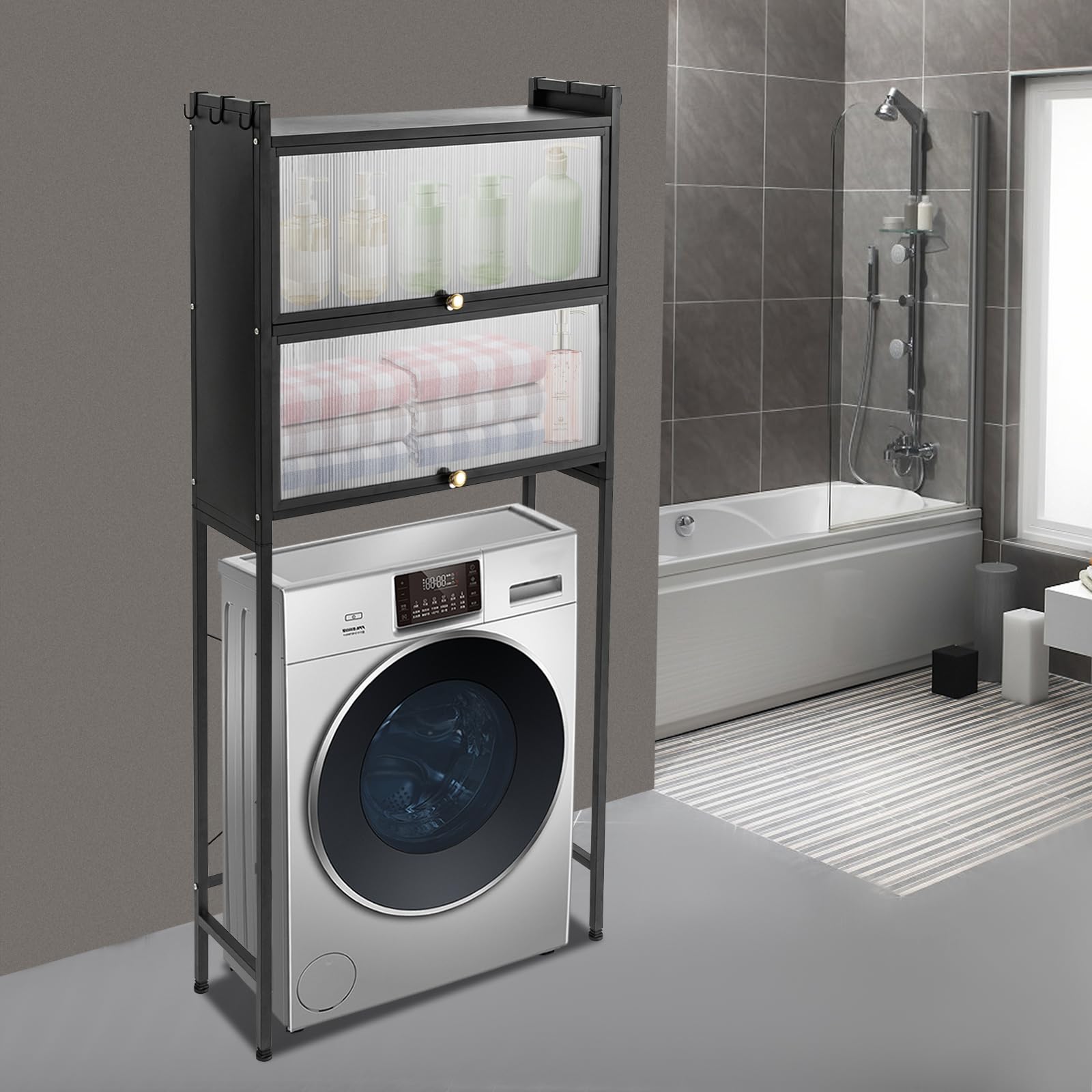 Estantería de almacenamiento sobre lavadora, estantería de baño de acero al carbono, 2 niveles, estantería para lavadora con 6 ganchos extraíbles, organizador de baño para lavadora y secadora (negro)