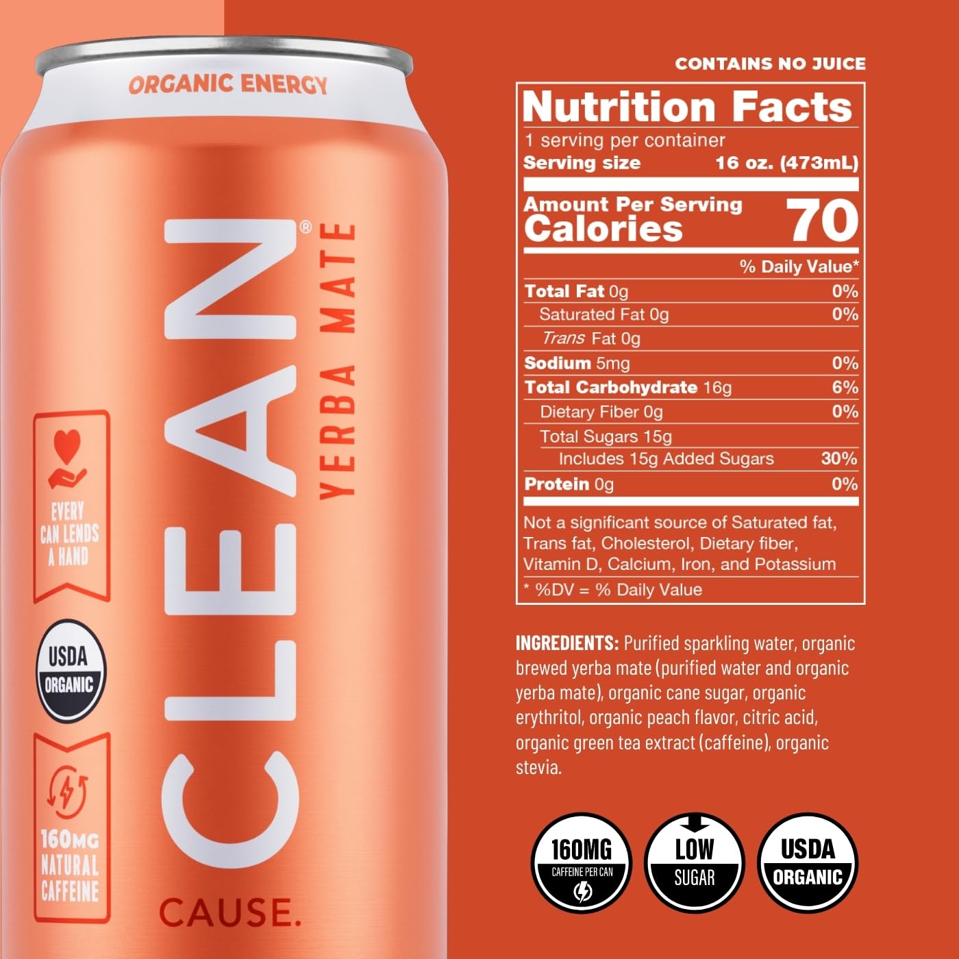 CLEAN Cause Low Calorie Variety Pack Yerba Mate Tea Sparkling, USDA Organic Energy Drink Alternative, Low Sugar, 160mg Natural Caffeine, Soda Alternative, Plant-Based (16oz cans, 12-Pack Case, 4 Flavors)