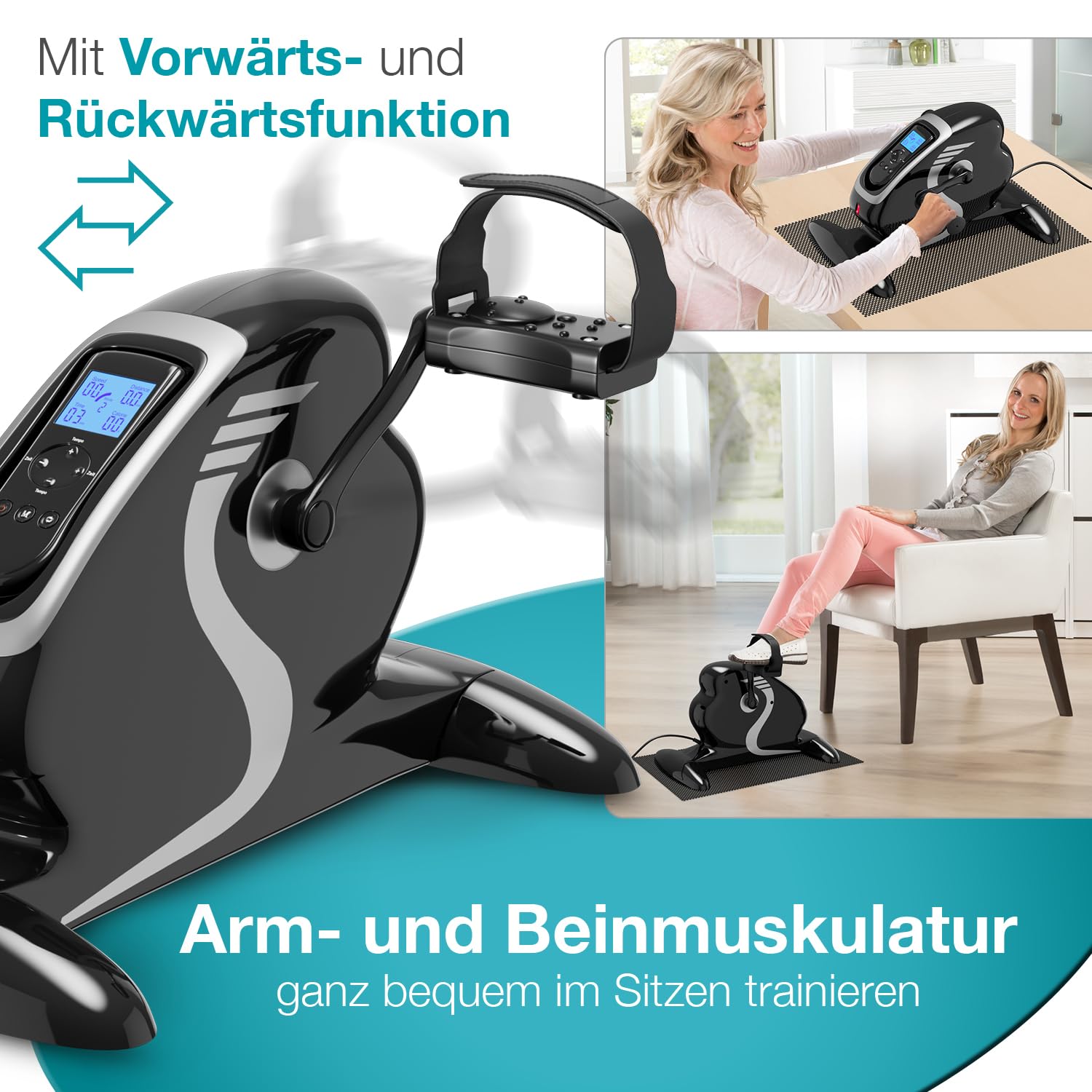 ELONEO 2in1 Arm- und Beintrainer mini Bike Pedaltrainer mit Motor, inkl. Trainingsdisplay, Massage-Handgriffe Anti-Rutschmatte, ideal für Senioren, Mini Heimtrainer schwarz