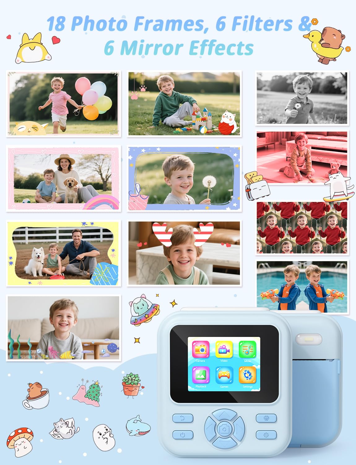 YOHOOLYO Aparat natychmiastowy dla dzieci, 2,4-calowy aparat natychmiastowy dla dzieci z kartą 32 GB i 3 rolkami papieru, cyfrowe zabawki wideo HD 1080P-niebieski