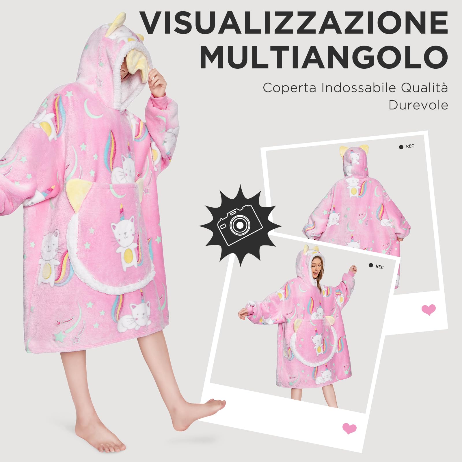 OLAOLA Gatto Felpa con Cappuccio Indossabile che si Illumina al Buio,Felpa Oversize con Cappuccio e Tasche, un Grazioso Regalo di Compleanno e Natale per Adulti