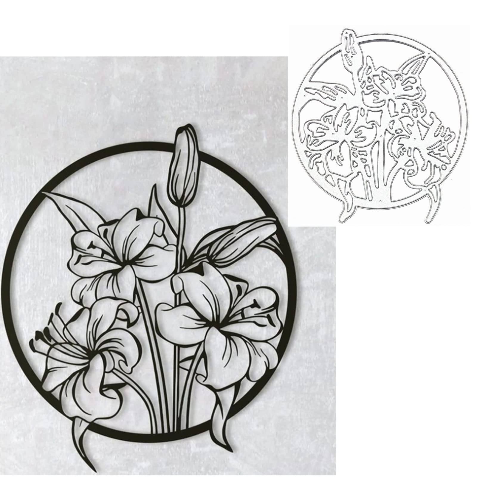 Flower Circle Metal Die Cuts, Lily Flower Leaves Round Wreath Frame Background Cutting Dies Cut Stencils for DIY Scrapbooking Album Embossing Paper Dies Card Making