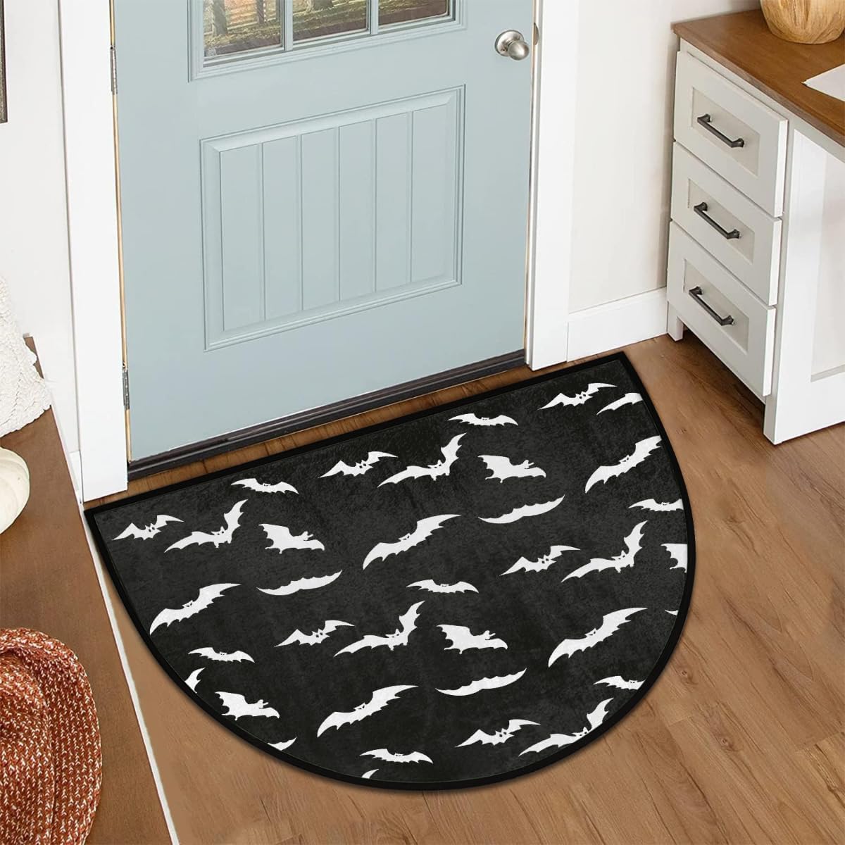 Half Round Door Mat Bat Halloween Black Non-Slip Soft Semi Circle Rug Washable Half Moon Welcome Entrance Doormat for Outdoor Indoor Floor Bedroom Bathroom Home Kitchen Festival Decor Gift