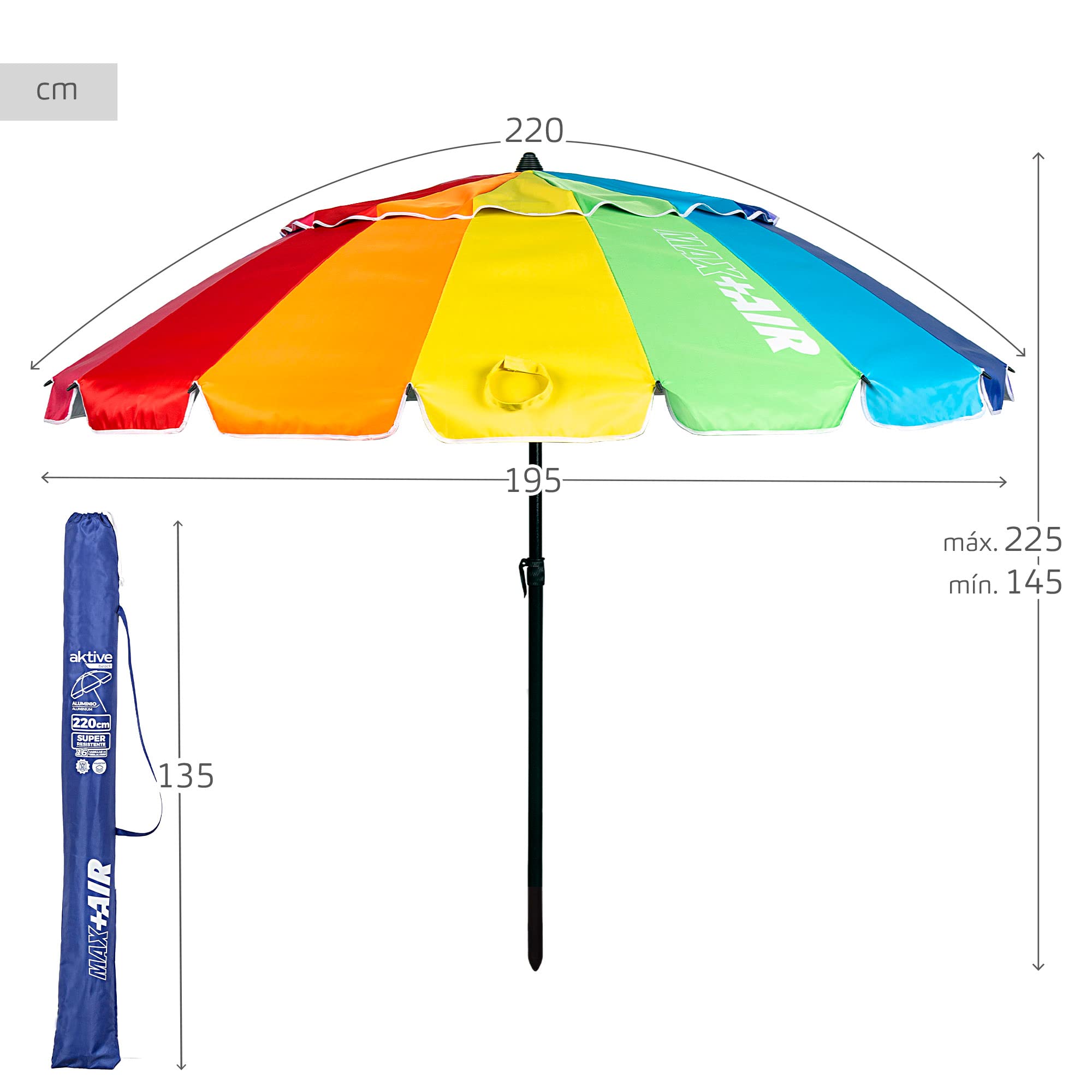 AKTIVE Sombrilla Playa Antiviento con protección UV50, Parasol playa con altura regulable y mástil inclinable, Ultrarresistente al viento, Incluye bolsa para fácil transporte
