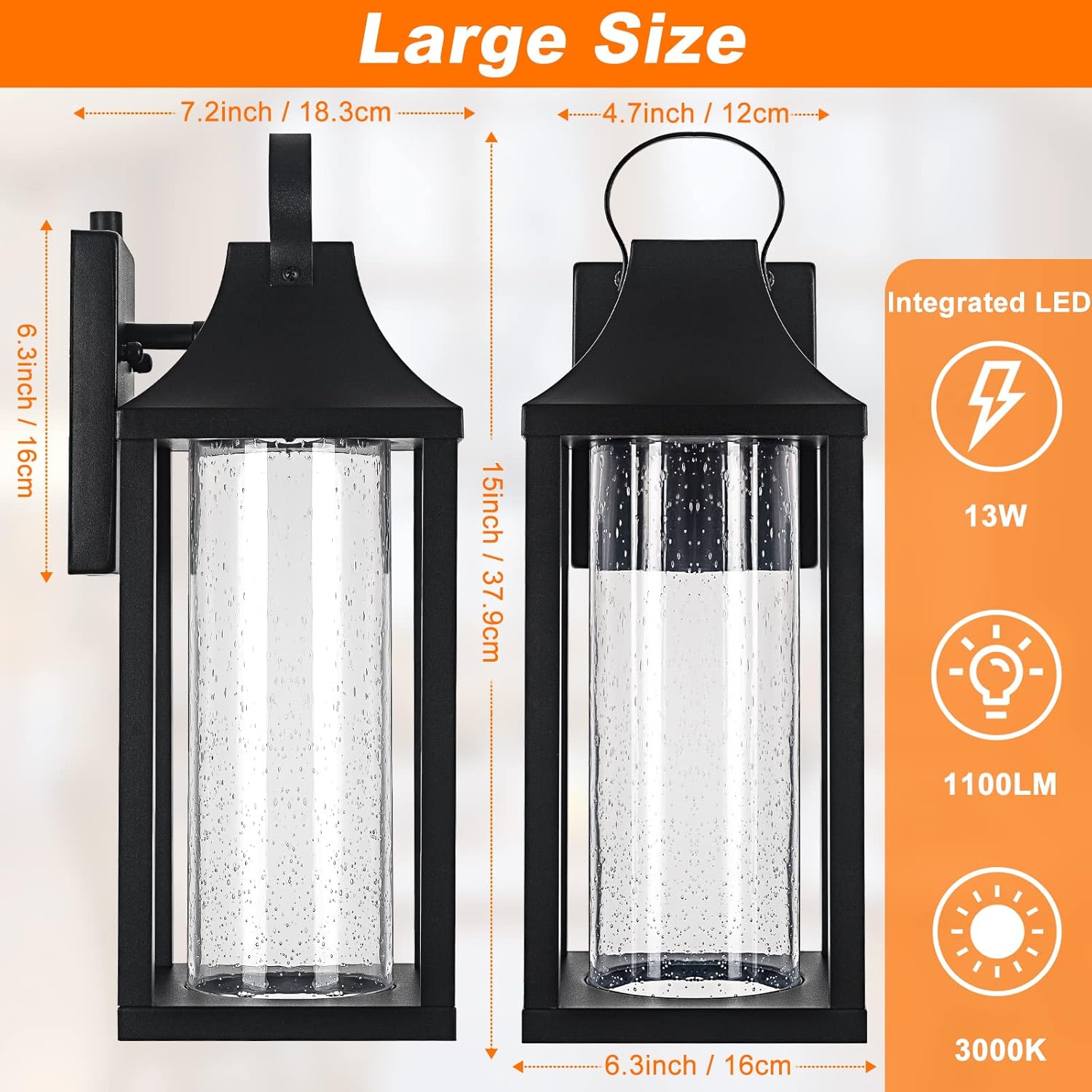Dusk to Dawn Outdoor Led Wall Light Fixture, 15" Large Exterior Wall Lantern with Clear Seed Glass, Modern Wall Mounted Sconce Waterproof, Outside Porch Lamp for House Patio Garage 13W 3000K