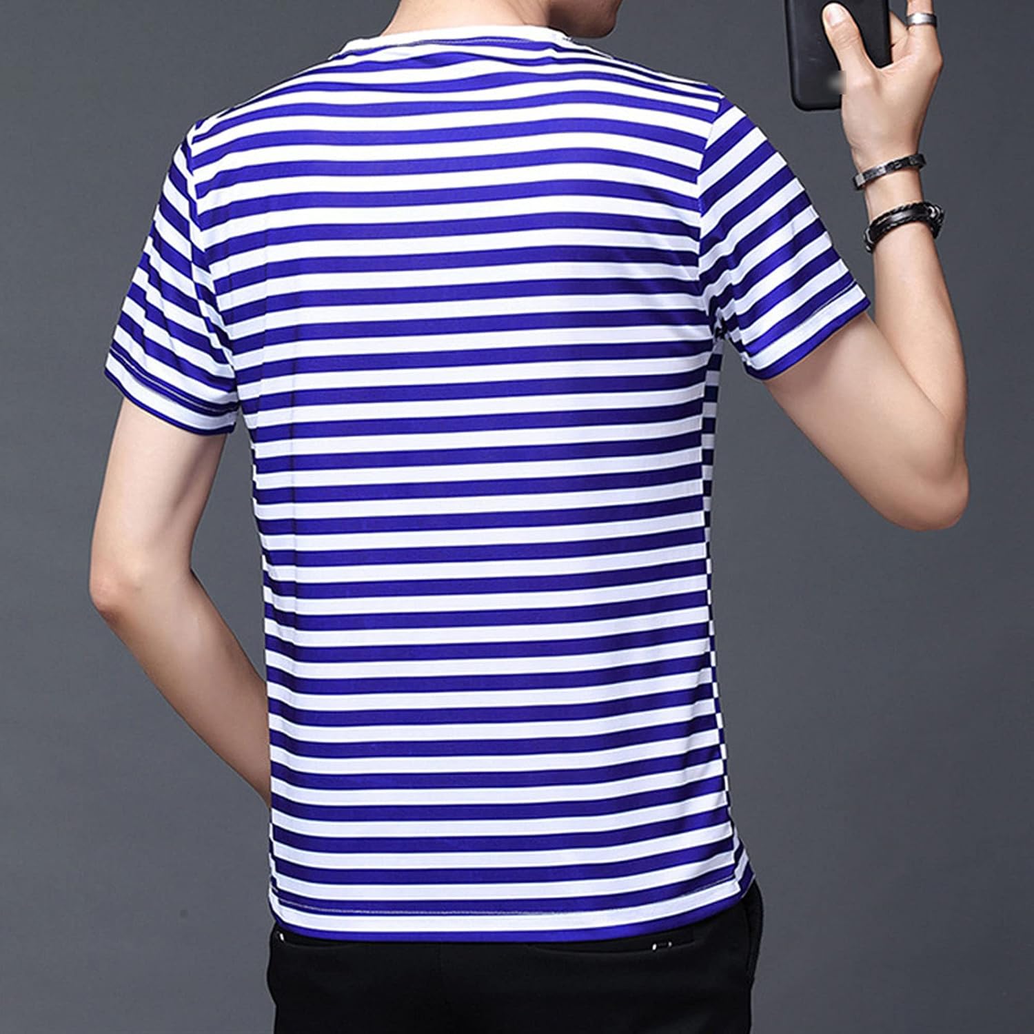 Men's Slim-Fit Short-Sleeve Cotton Crewneck Shirt Striped Casual Short-Sleeved T-Shirt Loose Vintage Summer Tee