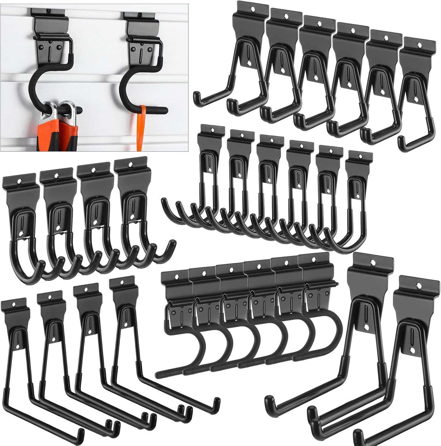Duraaamo 24 Pack Slatwall Hooks Set, Metal Multi Sizes Heavy Duty Single and Double Slatwall Panel Hanging Hooks and Hangers Accessories for Storage Garage Garden Home, Black