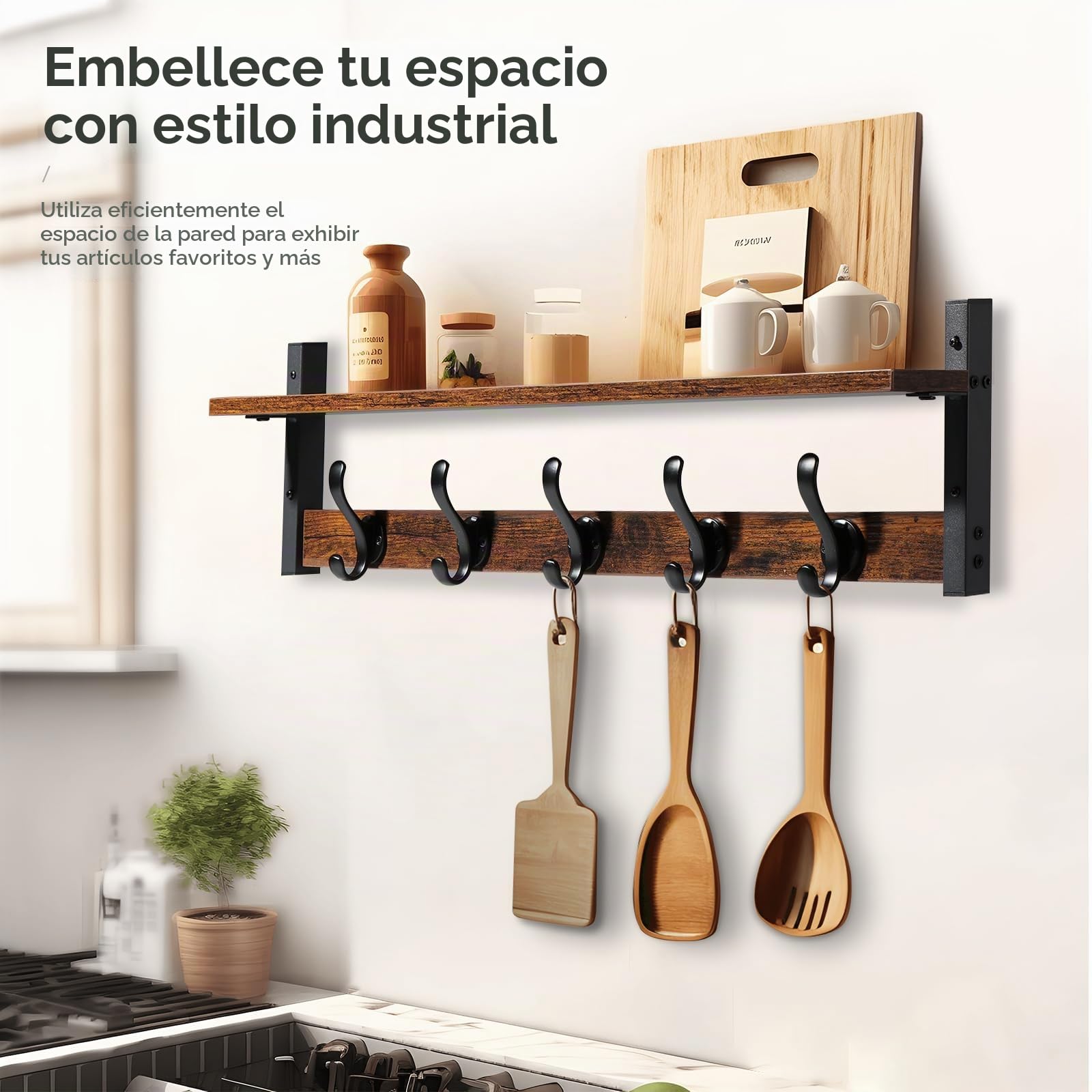 Tatub Perchero de pared de 29 pulgadas con estante, ganchos de pared con estante, estante flotante de entrada con 5 ganchos de metal, perchas para entrada, sala de estar, dormitorio, marrón rústico