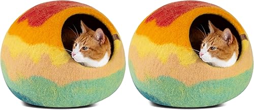Miniatura 10 de MEOWFIA Cueva para gatos – Cama de fieltro premium para gatos de interior, hecha a mano 100% lana de merino, gato (Beige, Grande)