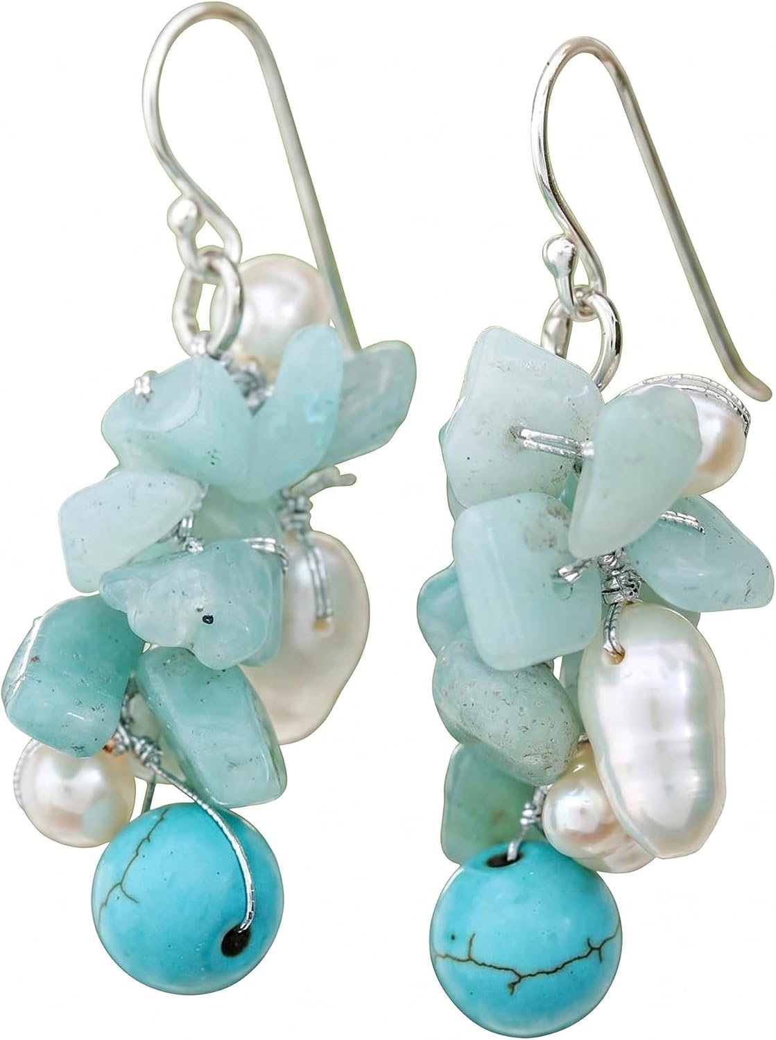 NOVICA Artisan Handmade Beaded Quartz and Cultured Pearl Earrings | Blue Thailand Jewelry | 'Phuket Beach' | 1.8" L x 0.8" W