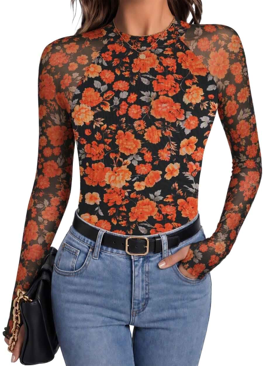 Zeagoo Long Sleeve Shirts for Women Sheer Mesh Top Mock Neck Fitted Blouses Double-lined undershirts, see-through trendy fall clothes for going out, party, club wear
