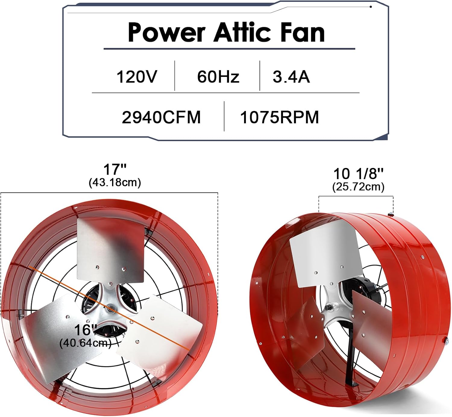 Hiorucet Gable Vent Fan with Adjustable Thermostat, 2940CFM 3750 SQF High Speed Low Noise Gable Mount Attic Exhaust Fan, 16 Inch Fan Blade and Permanently Lubricated Motor.