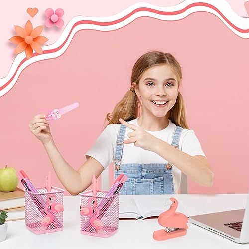 Miniatura 5 de Chuangdi 4 piezas de accesorios de escritorio de flamenco de metal, soporte para lápices de flamenco, tijeras de flamenco, grapadora de flamenco,