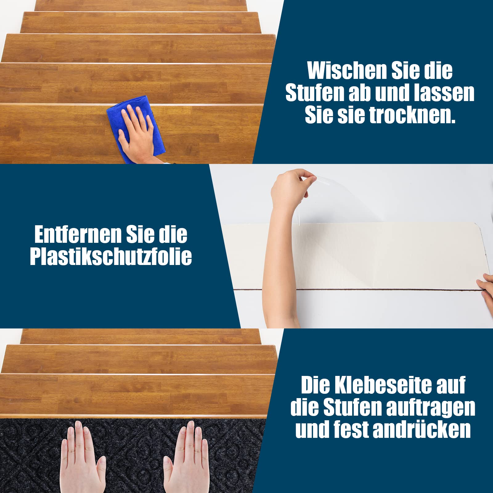 COSTWAY 15er Set Stufenmatten für Treppen, 76x20cm, rutschfeste Selbstklebende Treppenteppiche, Treppenmatten für Holzstufen, wasserdichte Stufenteppiche für Kinder & Älteste & Haustiere (Grau)