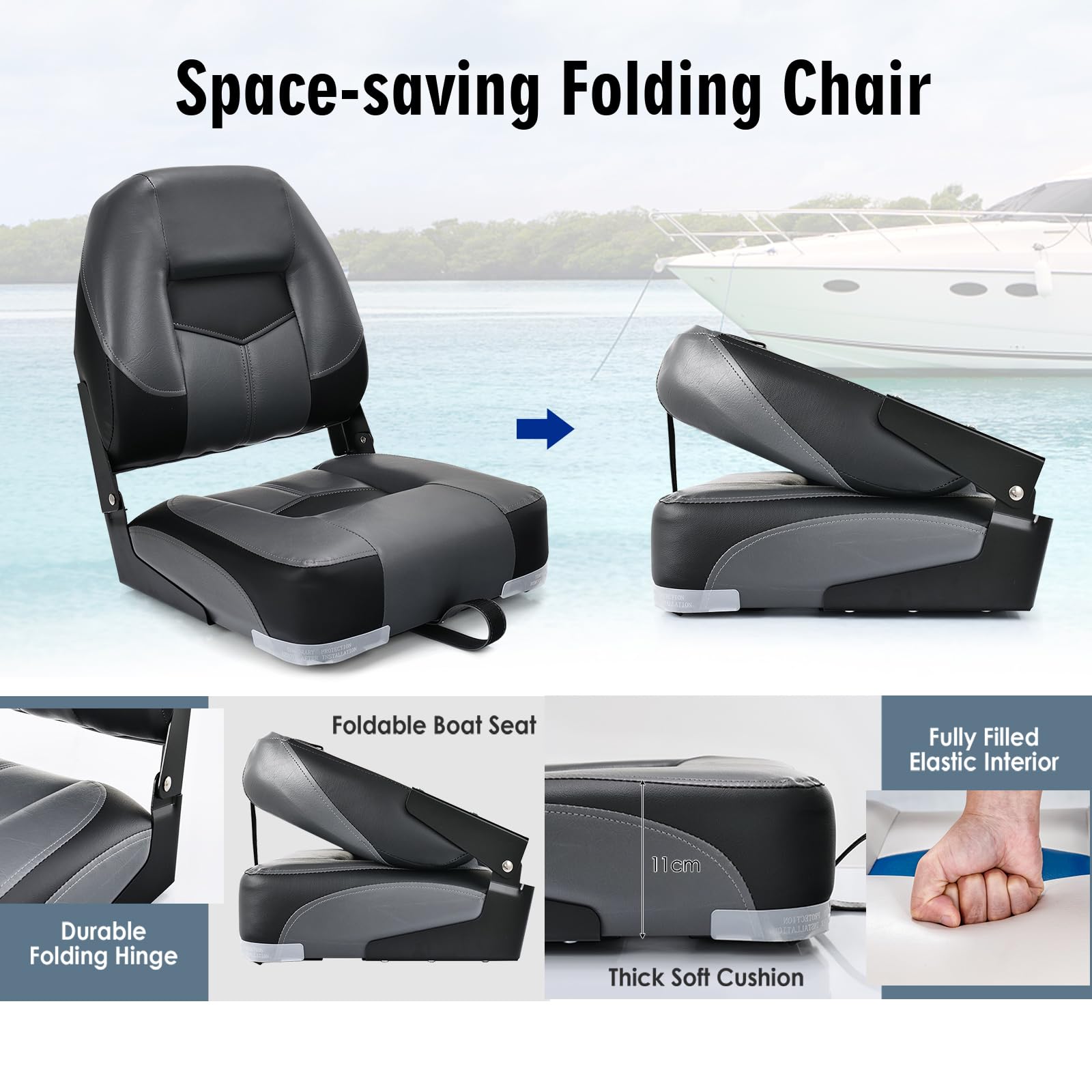 KOMFOTTEU Siège de bateau 2 pièces, Accessoires pour bateaux avec dossier rabattable, Chaise de bateau ergonomique en PVC et PP, Capacité de charge jusqu'à 110 kg, 50x52x42 cm (Noir)