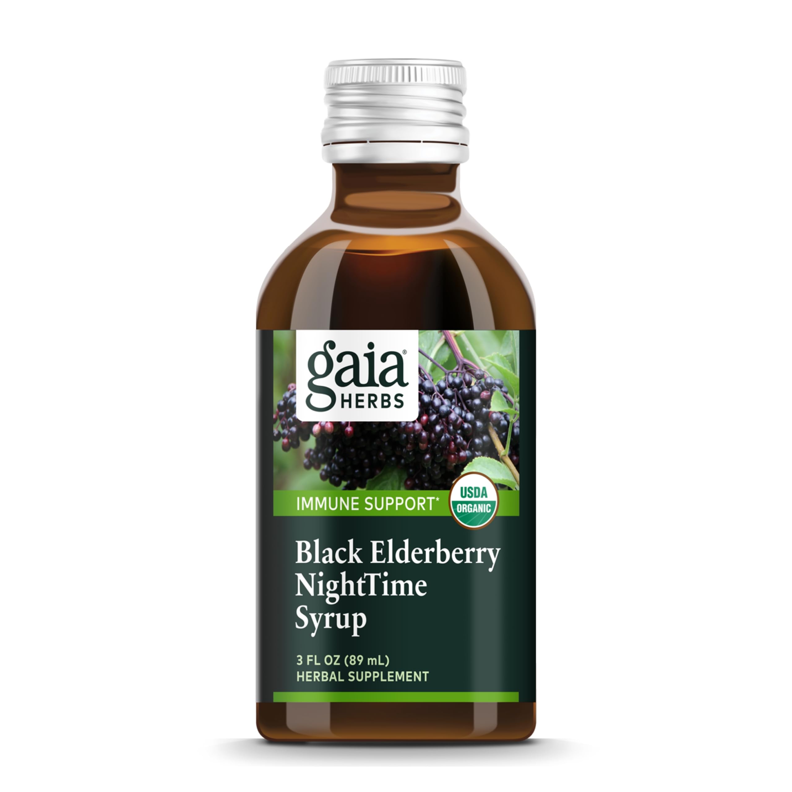 Gaia Herbs Black Elderberry, Nighttime Syrup - Immune Support Supplement - with Organic Black Elderberries, California Poppy & Lemon Balm for Restful Sleep & Immune Defense - 3 Fl Oz (18-Day Supply)USDA Organic