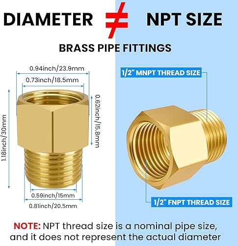 Miniatura 8 de SDTC Tech Juego de 2 adaptadores de tubería de latón 1/2 NPT rosca macho a 1/2 NPT rosca hembra reductor, conectores de extensión de tubería de latón